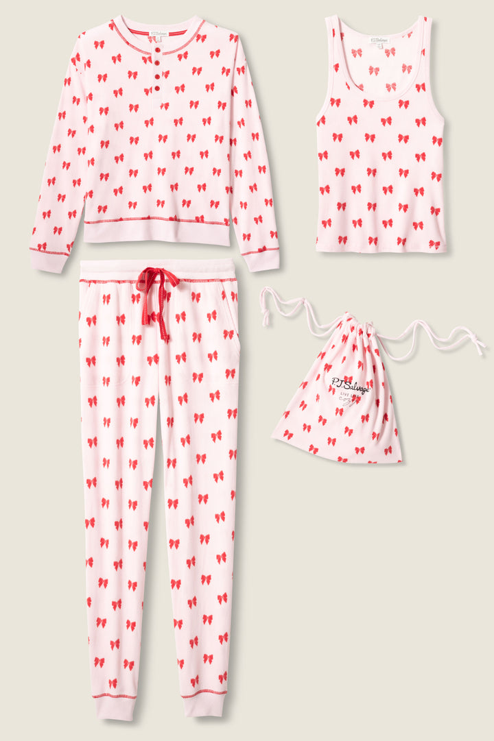 4-Piece Bow Print Thermal Lounge Set - 4-Piece Set - P.J. Salvage