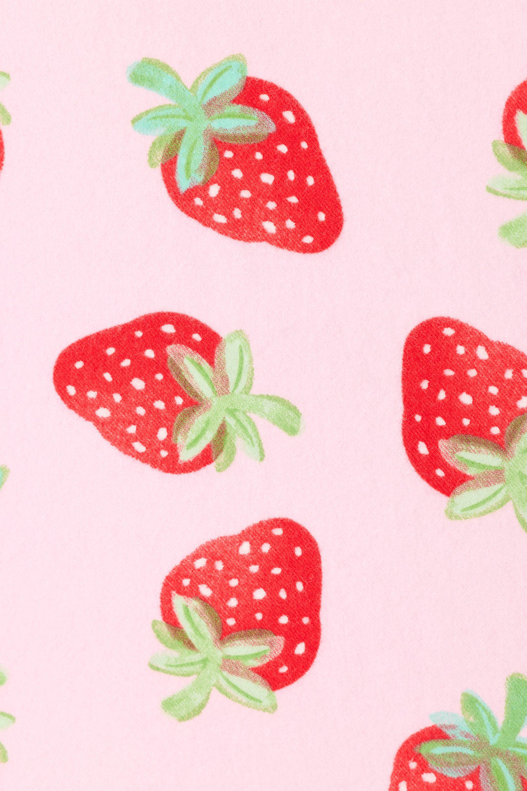 The Sweet Dreams Strawberry Print 3-Piece Flannel PJ Set by P.J. Salvage features a repeating red strawberry and green leaf pattern on a light pink background—perfect for cozy comfort.