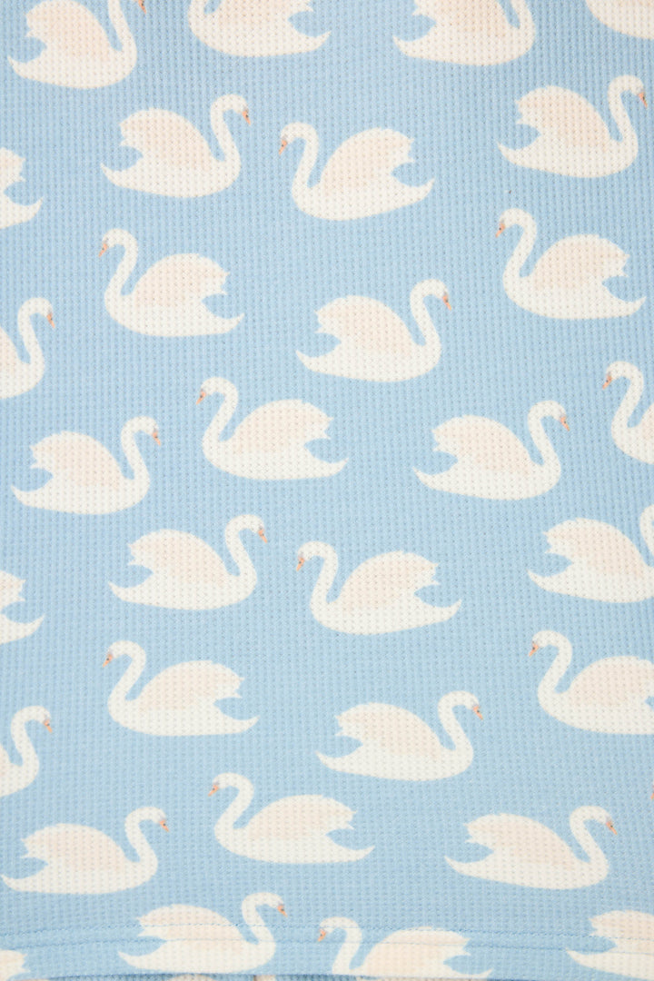 The Boyfriend Boxer Swans-A-Swimming PJ Short Set by P.J. Salvage features simple white swans in side profile, evenly spaced on light blue soft waffle fabric.
