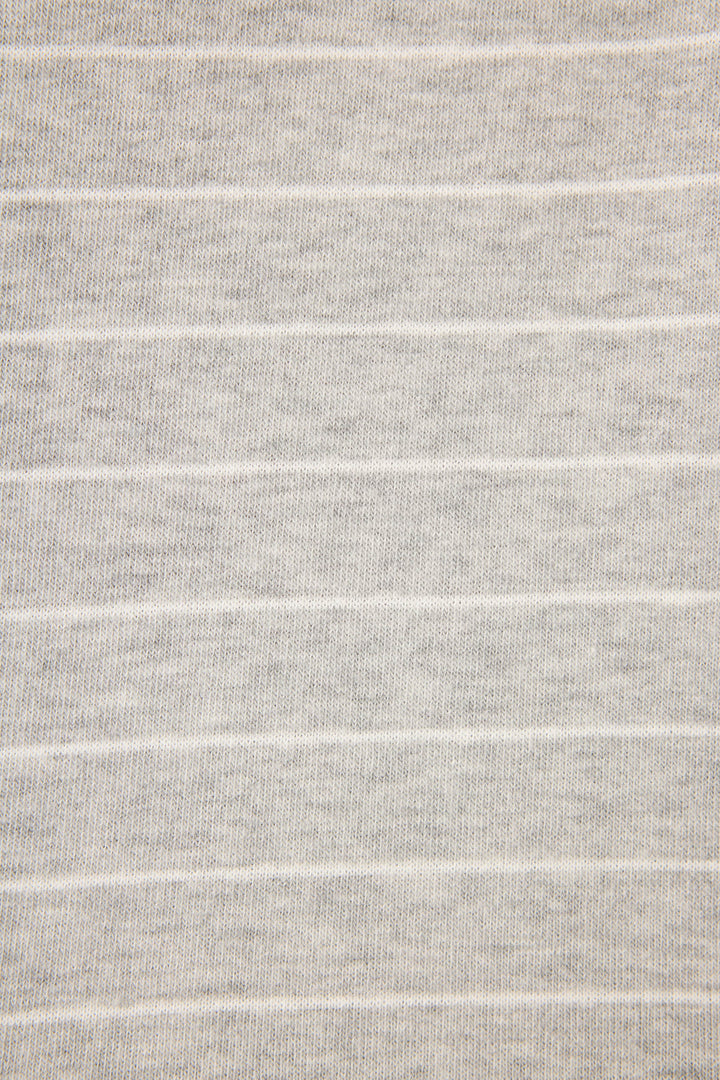 The P.J. Salvage My Dog Is My Valentine Striped Open Leg Pants feature light gray woven fabric with evenly spaced horizontal white stripes and no other patterns or designs.