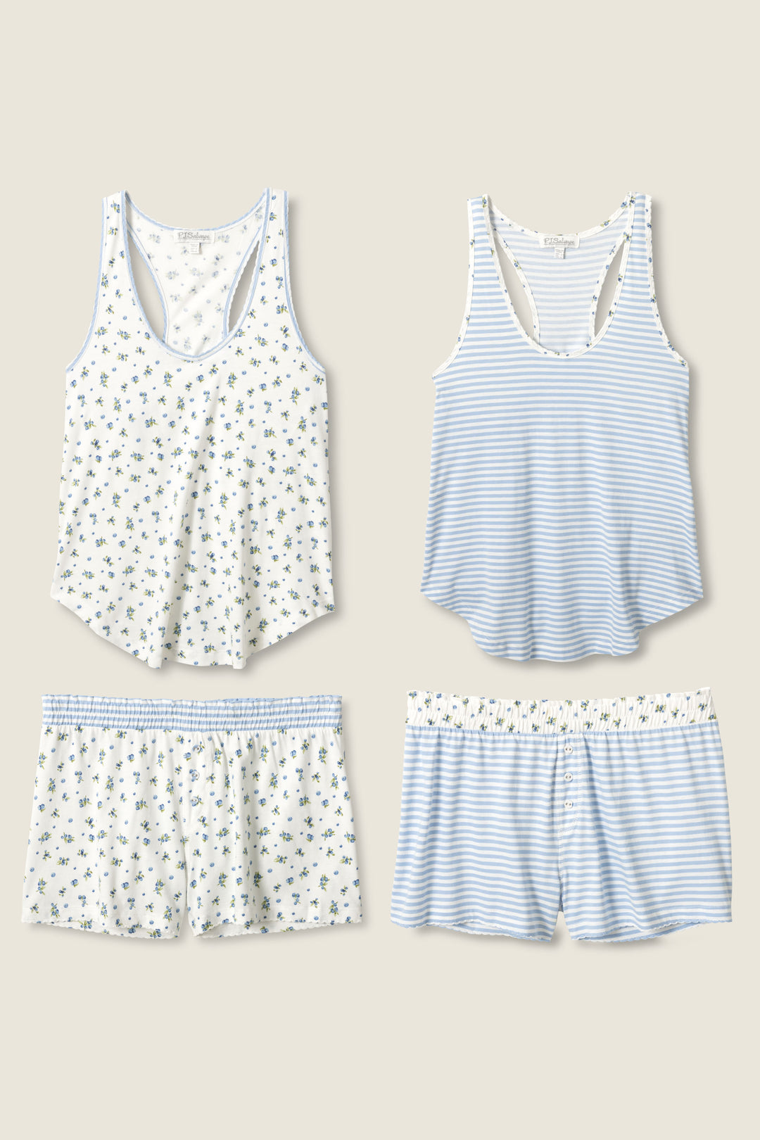 Two Mix and Match Blueberry Dreams Sleep Sets by P.J. Salvage are laid flat, each with a racerback tank and shorts—one in white with a small blue floral print, the other in white with thin blue stripes.