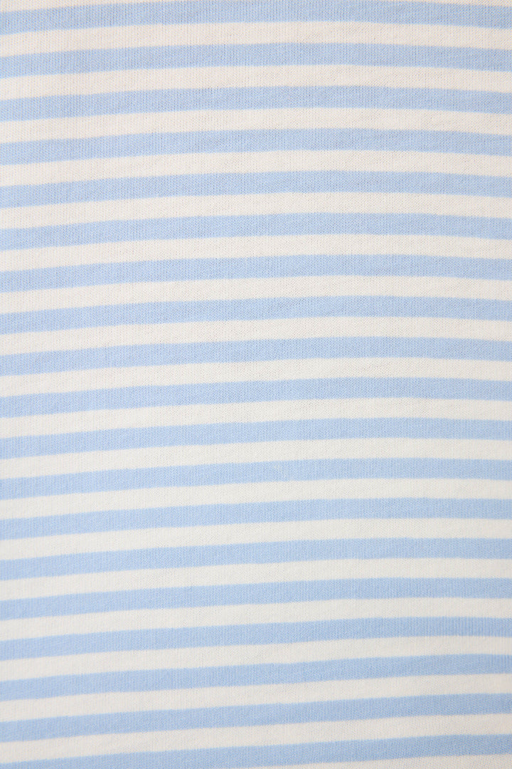 Close-up of the Mix and Match Blueberry Dreams Sleep Set by P.J. Salvage, featuring fabric with evenly spaced horizontal light blue and white stripes and a visible textured finish.