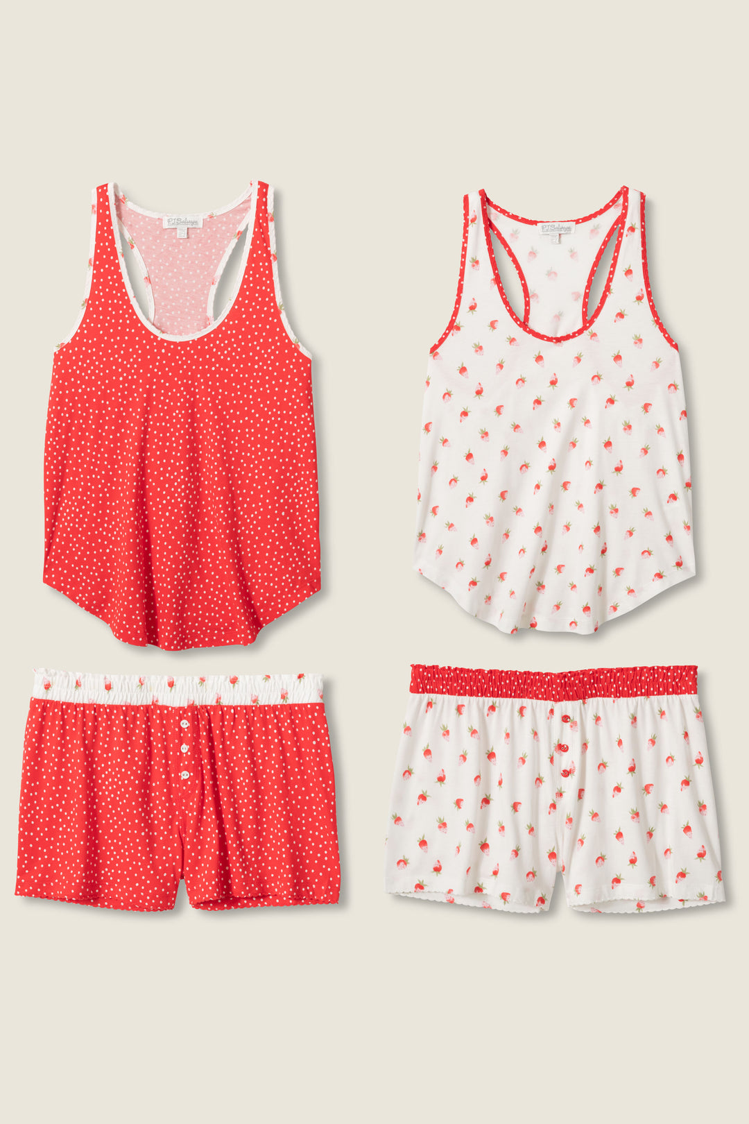 The P.J. Salvage Mix and Match Strawberry Dreams Sleep Set includes two tank tops and two shorts—one red with white polka dots, the other white with red floral prints—displayed flat as a four-piece pajama set.