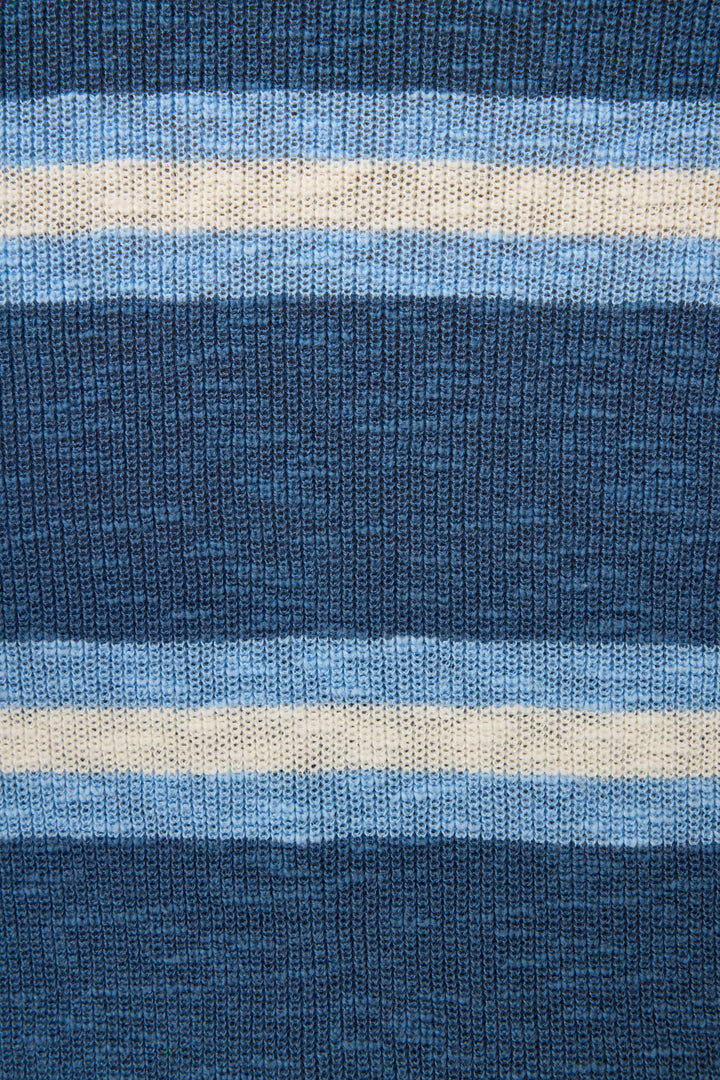 Close-up of the More Amour Striped Long Sleeve Top by P.J. Salvage, featuring a visible knit texture and horizontal stripes in dark blue, light blue, and cream for a cozy, stylish look.