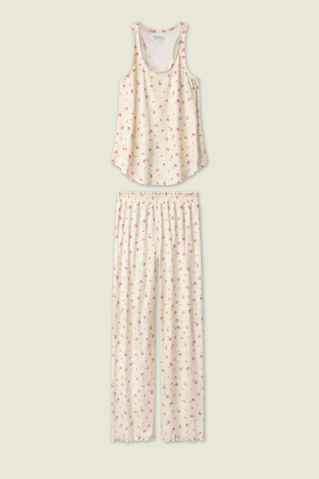 The P.J. Salvage For the Mamas Butter Blooms Long PJ Set features a two-piece cream pajama set with a pink floral print, including a sleeveless top and long pants, shown flat on a plain background.