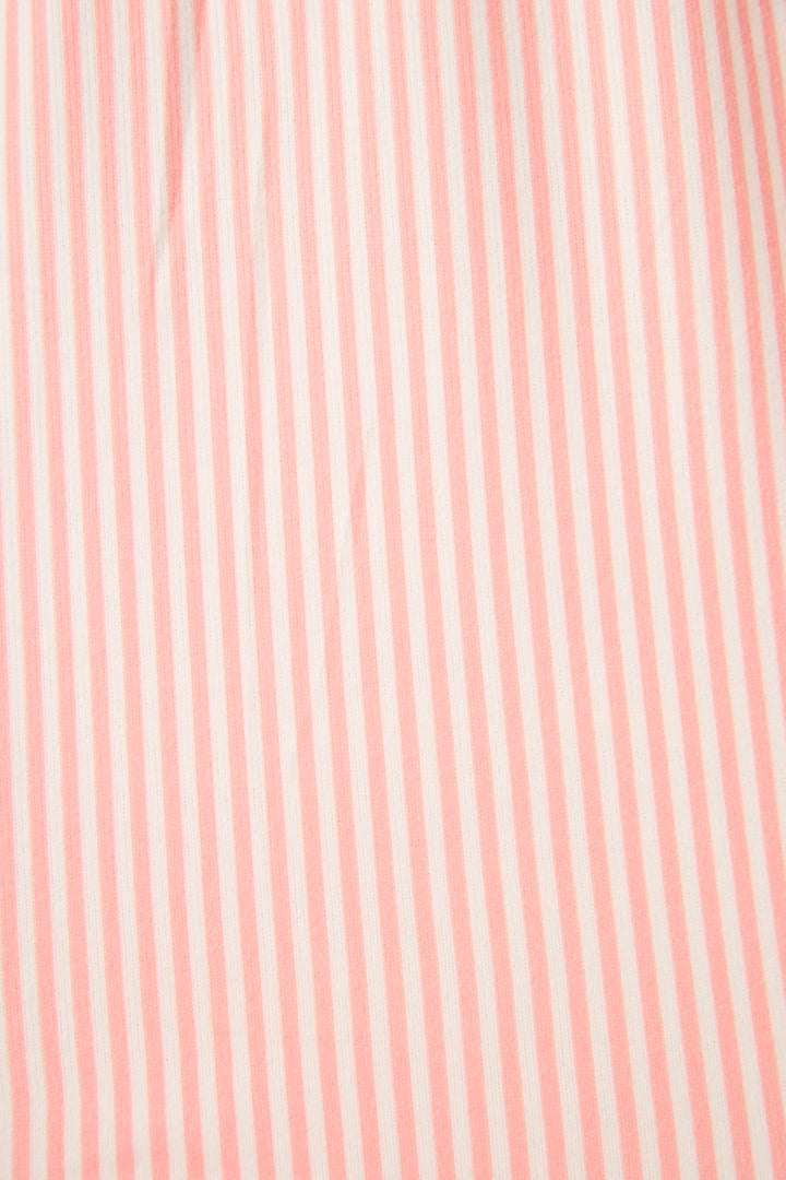 Close-up of the Paloma Mama Sweet Stripes Long 3-Piece PJ Set by P.J. Salvage, showing smooth fabric with evenly spaced vertical pink and white stripes, characteristic of stylish sleepwear.