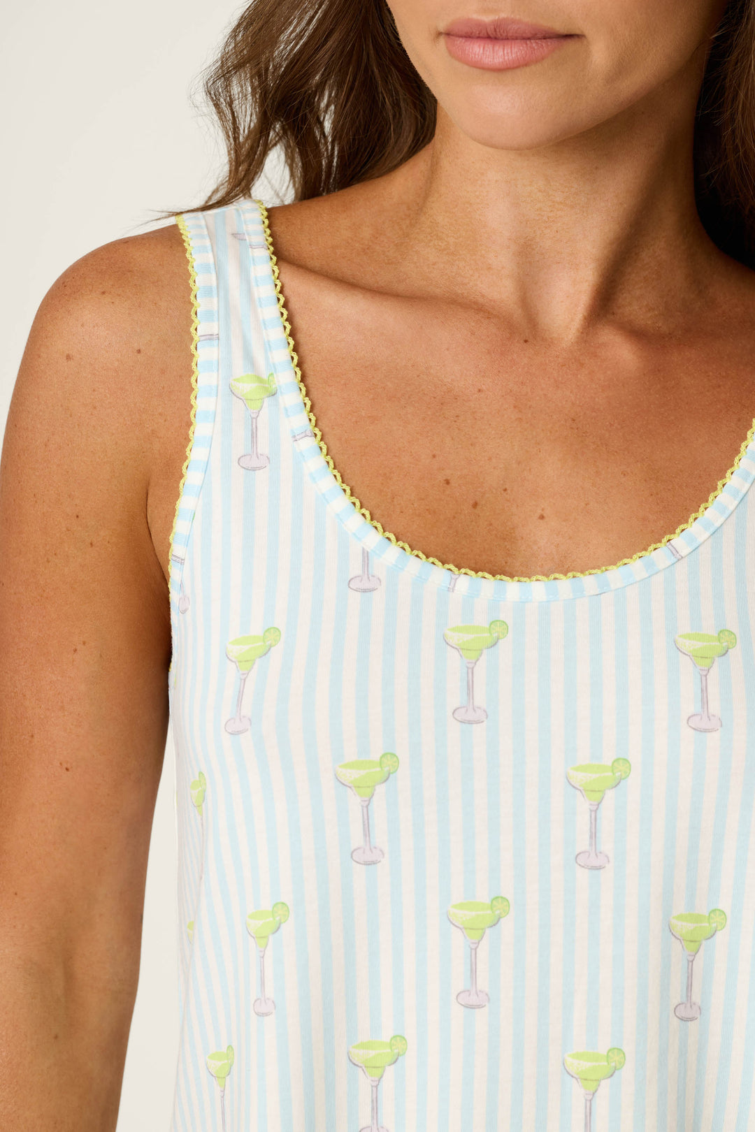 Blue and white striped fabric with margarita glass prints and yellow trim.