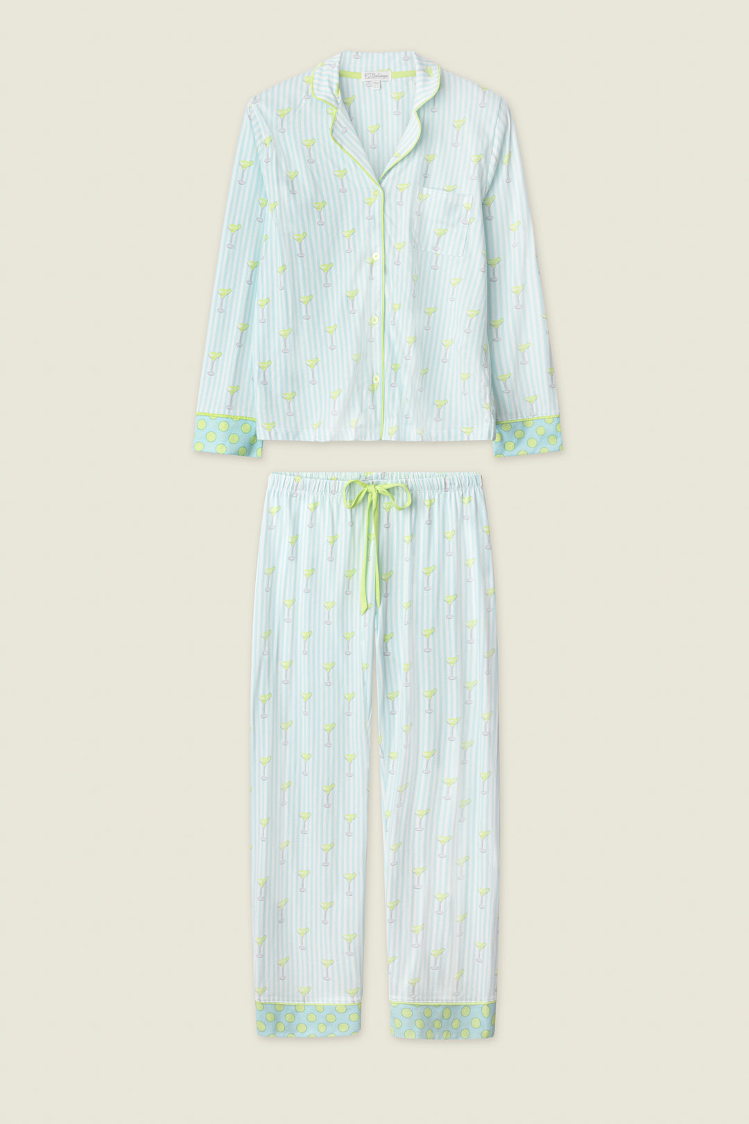The P.J. Salvage Playful Prints Salty Cadillac Striped Long PJ Set features a soft cotton-modal jersey, button-up top, and drawstring pants with green palm trees and contrast trim for cocktail-inspired sleepwear style.