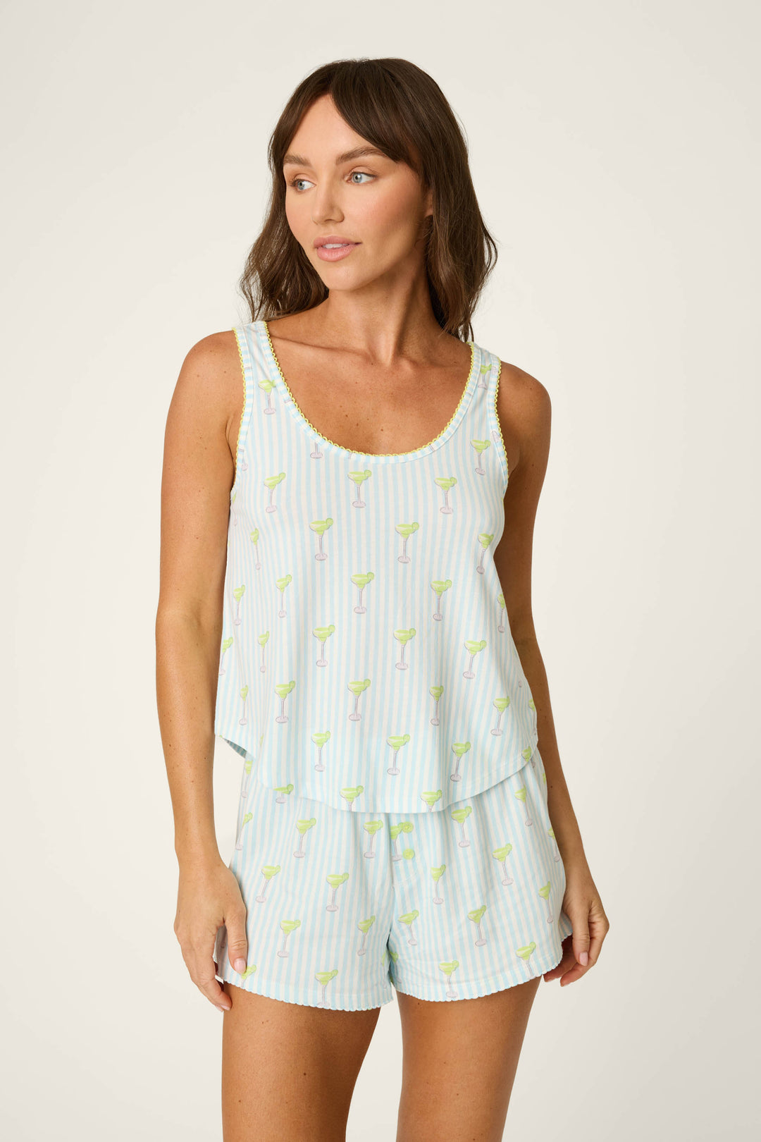 Light blue and white stripes with green margarita motifs on soft cotton-modal jersey fabric.
