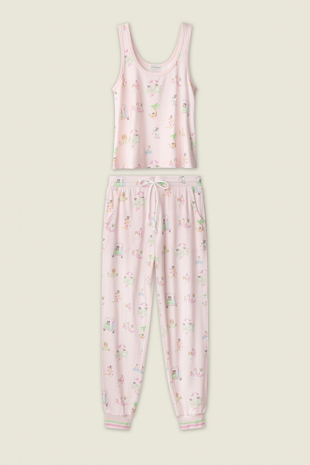 The P.J. Salvage Pupcation Palms Sunnies & Sunshine Long PJ Set is a pink pajama set with a sleeveless tank and drawstring pants, featuring whimsical patterns and playful dog prints on a plain light beige background.