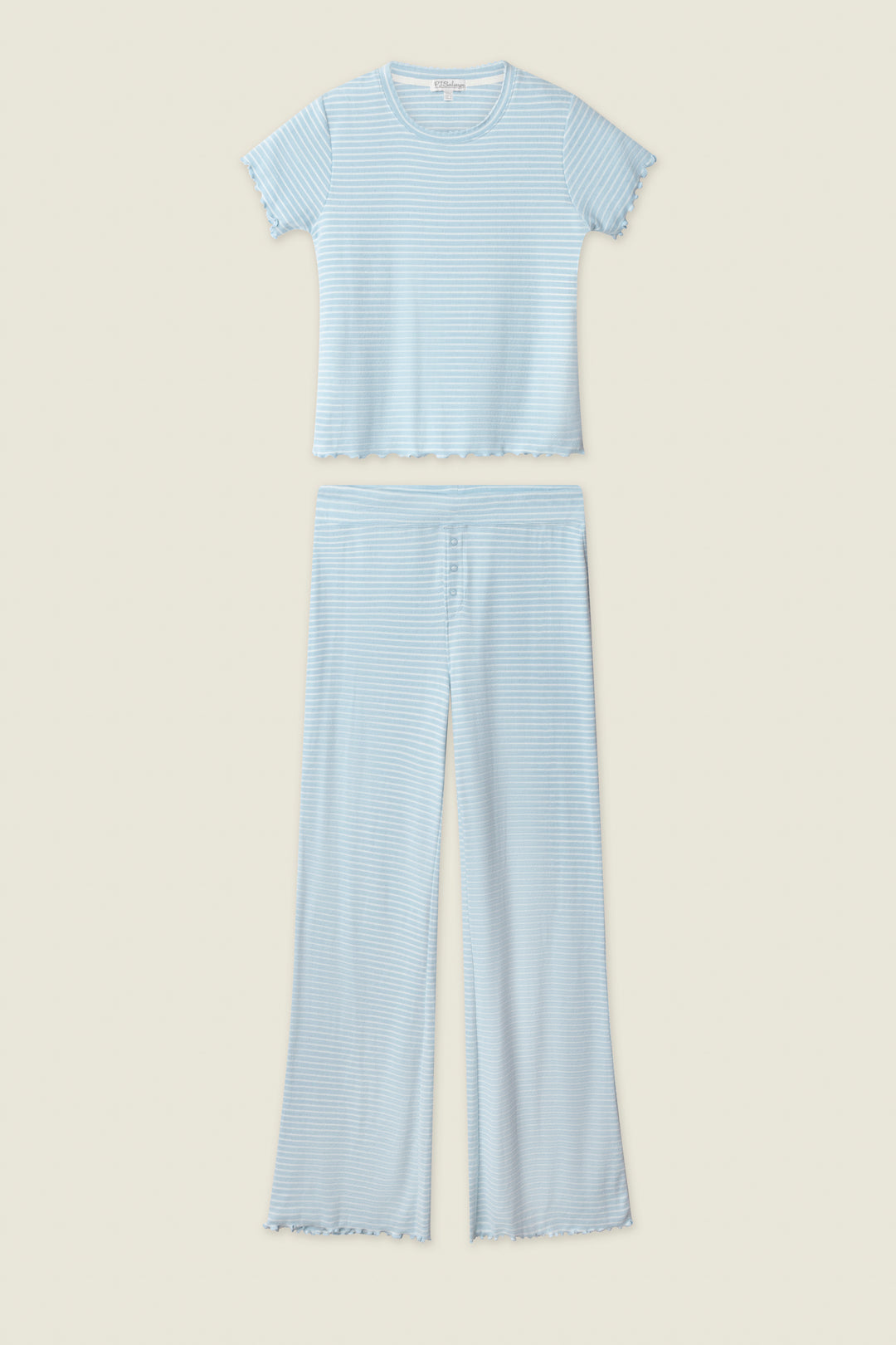 The Sweet Stripes Morning Blue Long Lounge Set by P.J. Salvage features a vintage-inspired blue striped short-sleeve crew-neck top and wide-leg pants with subtle ruffle trim, displayed flat on a neutral background.