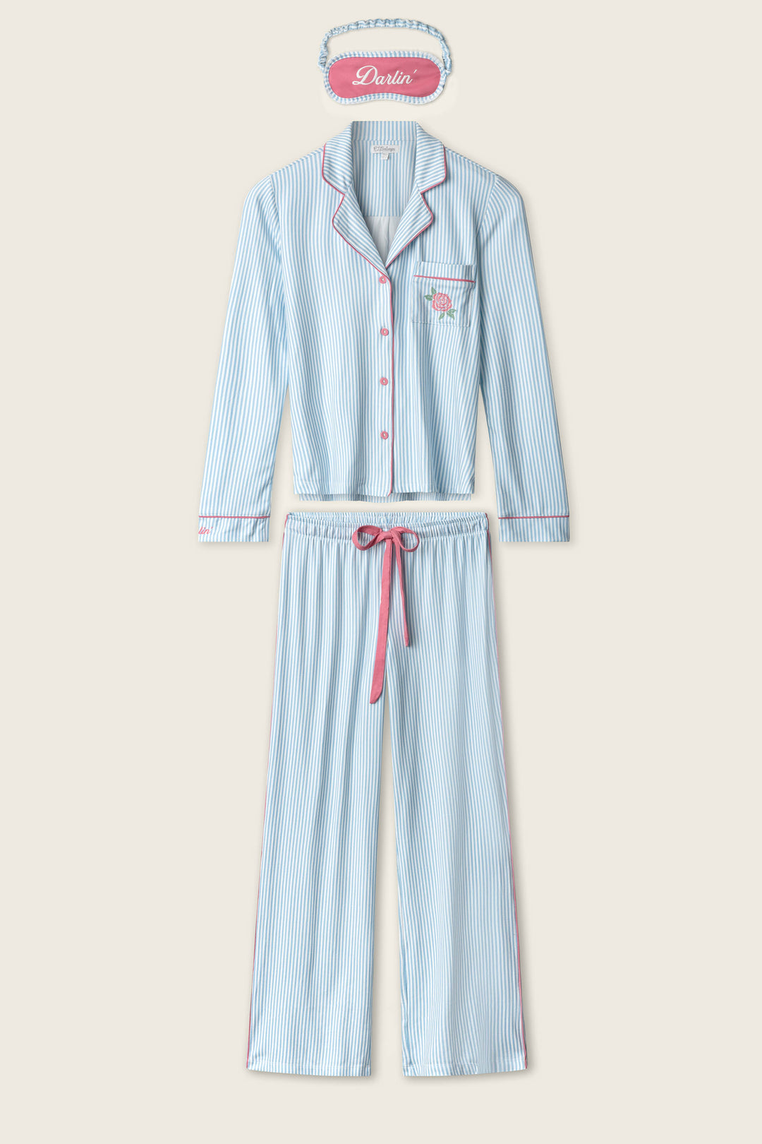 The P.J. Salvage Western Blooms Blue Stripe Darlin 3-Piece PJ Set features blue and white stripes, pink trim and waistband, and includes a long-sleeve button-up top, long pants, and a matching "Darlin" eye mask.