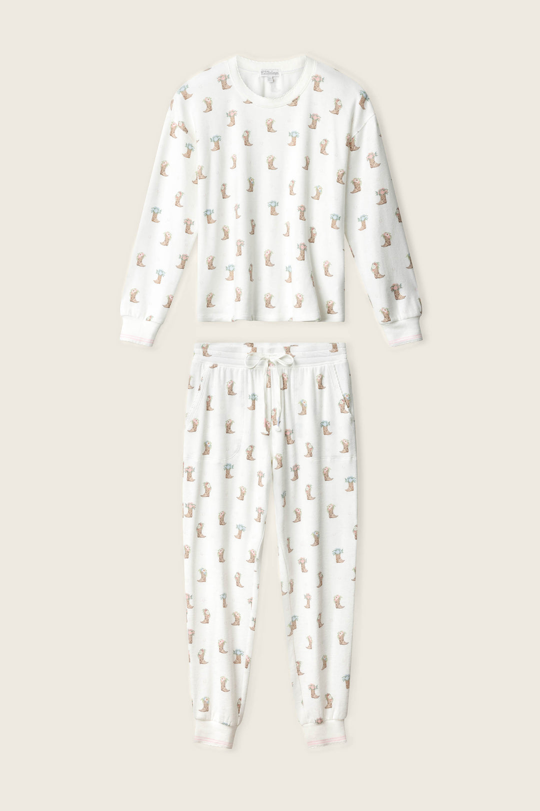 The Western Blooms Boot Bouquet Lounge Set by P.J. Salvage is a light beige pajama set with long sleeves, a crew neck, drawstring waist, and features a print of small brown bears, blue birds, and acorns throughout.