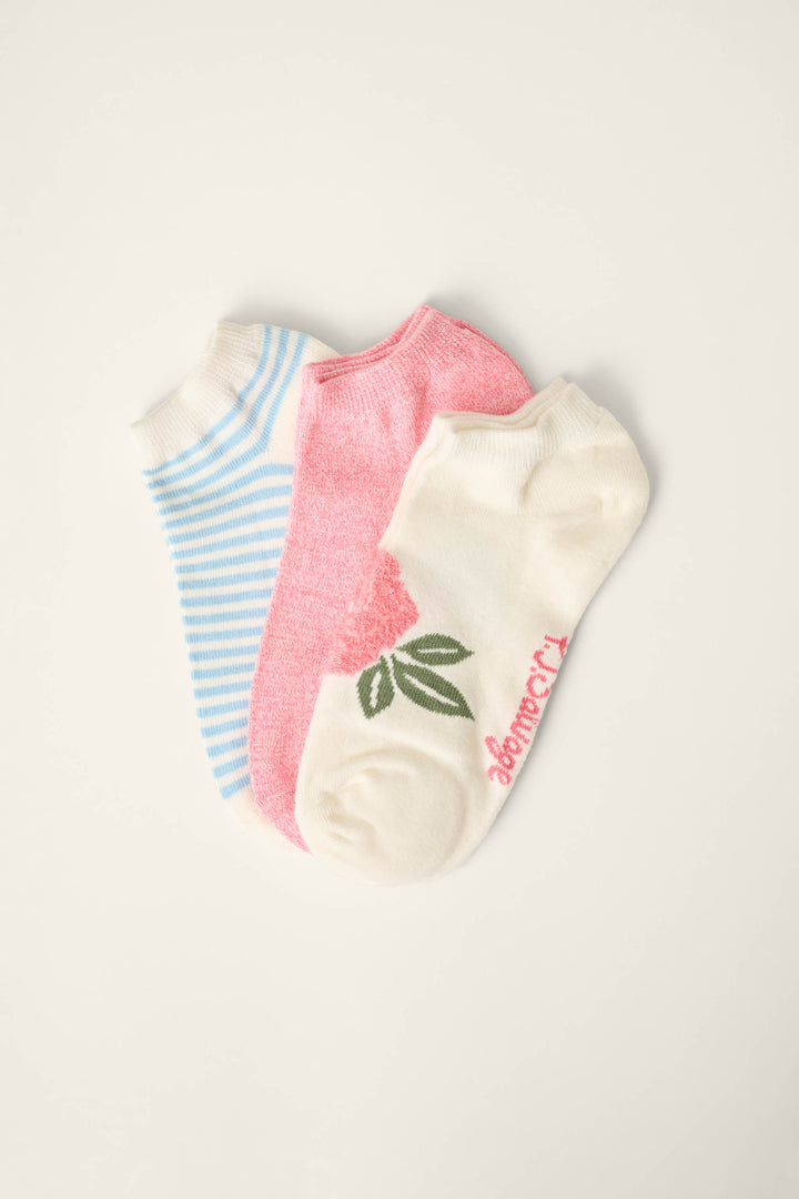 Three pairs of P.J. Salvage Western Blooms Rose Stripe 3-Pack Ankle Socks are shown: blue and white stripe, solid pink, and off-white floral with green leaves and pink "bloom" text, all displayed on a white background.