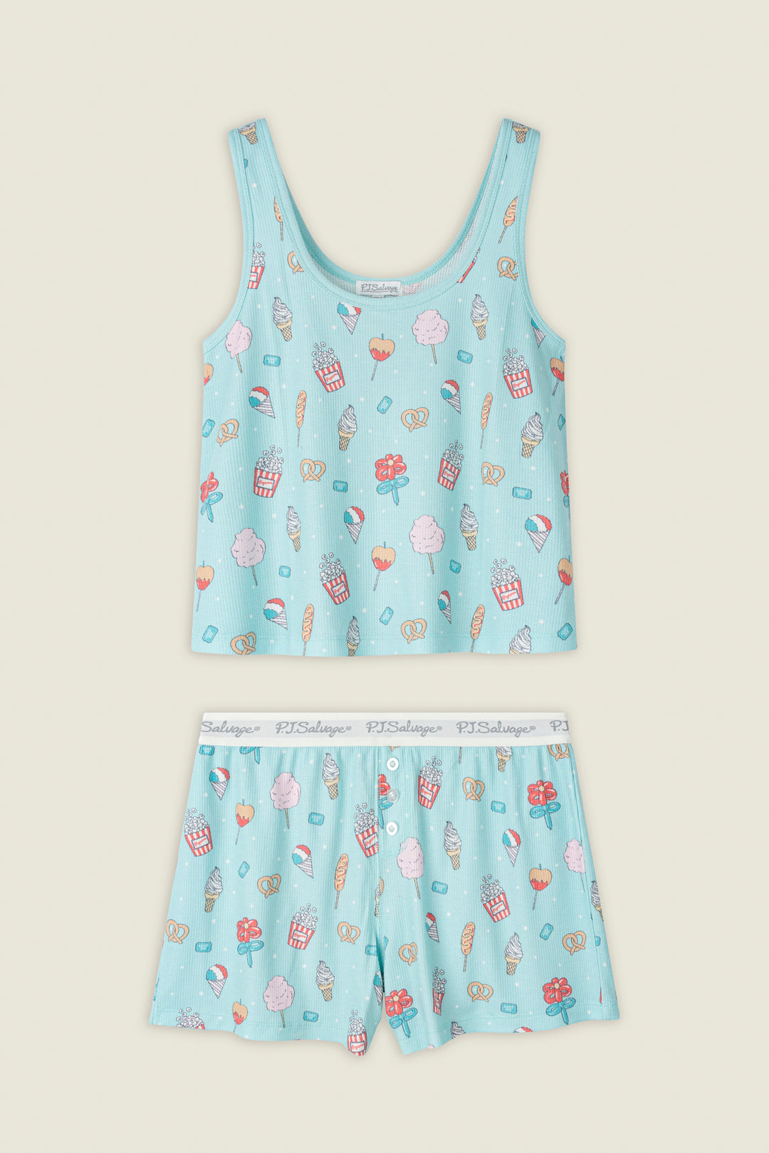 Light blue fabric with a playful print of popcorn, pretzels, and ice cream cones.