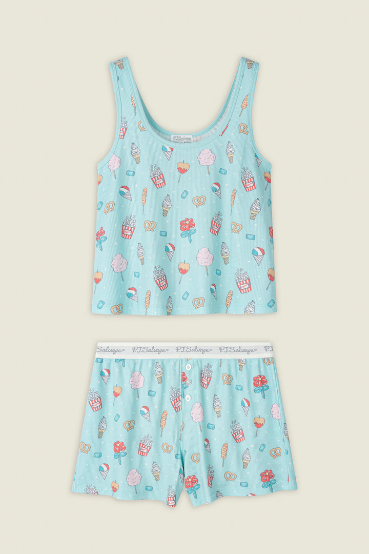 Light blue fabric with a playful print of popcorn, pretzels, and ice cream cones.