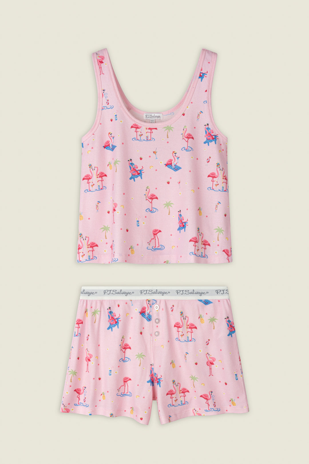 Pink ribbed fabric featuring an all-over print of flamingos and palm trees, with branded elastic and button front details.