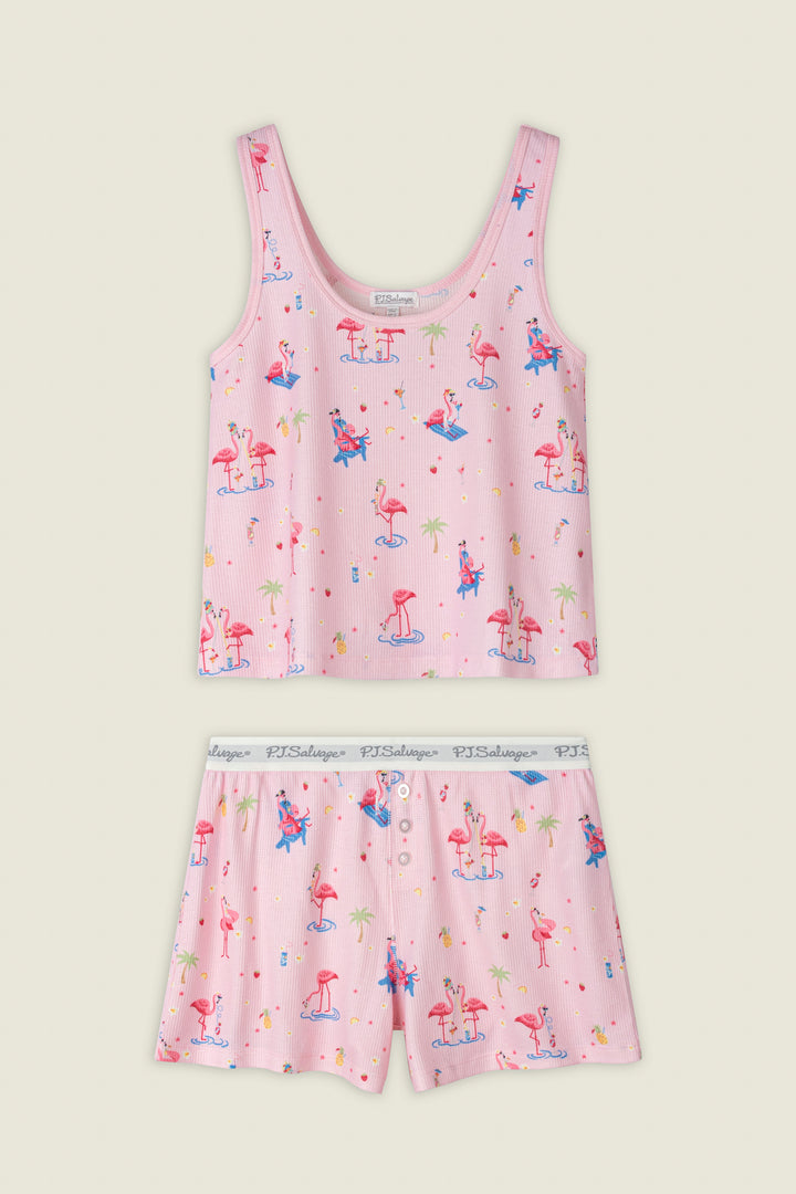 Pink ribbed fabric featuring an all-over print of flamingos and palm trees, with branded elastic and button front details.