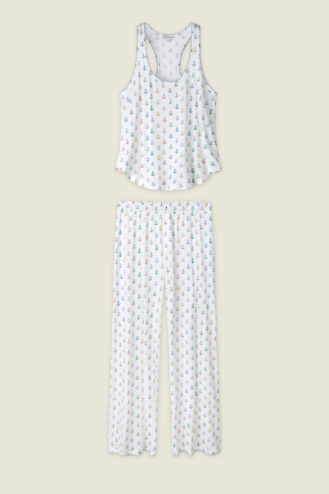 White fabric with a colorful anchor pattern, displayed on a light beige background.