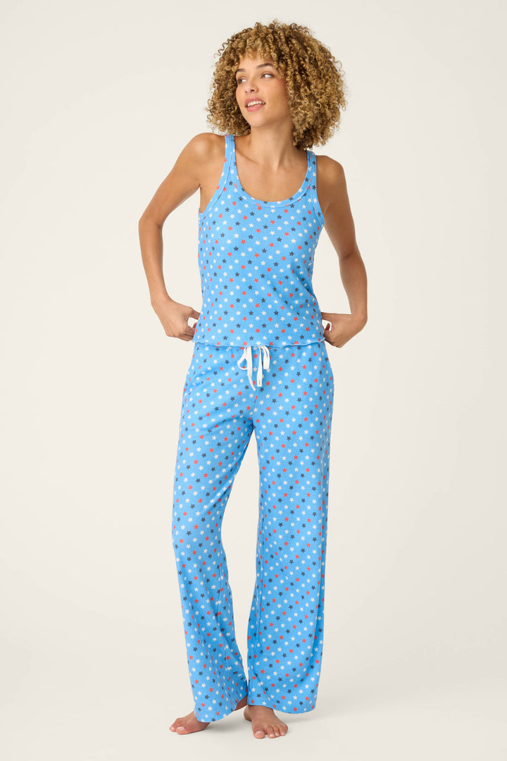 Bay blue fabric with a star print pattern; the material is soft with a summery vibe.