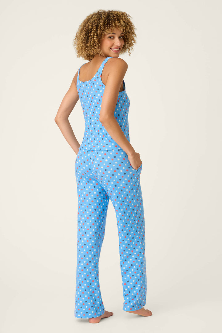 Bay blue fabric adorned with a star print pattern, shown against a plain off-white background.