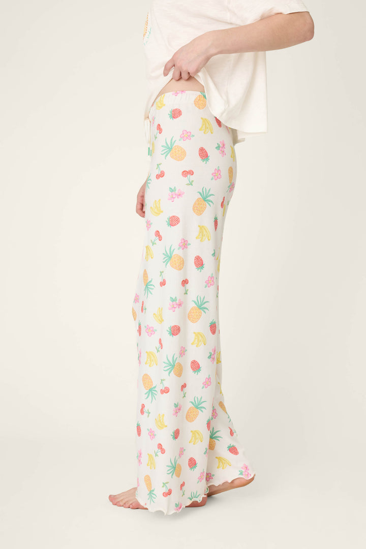 A fabric featuring a vibrant, colorful fruit pattern set against a plain light background.