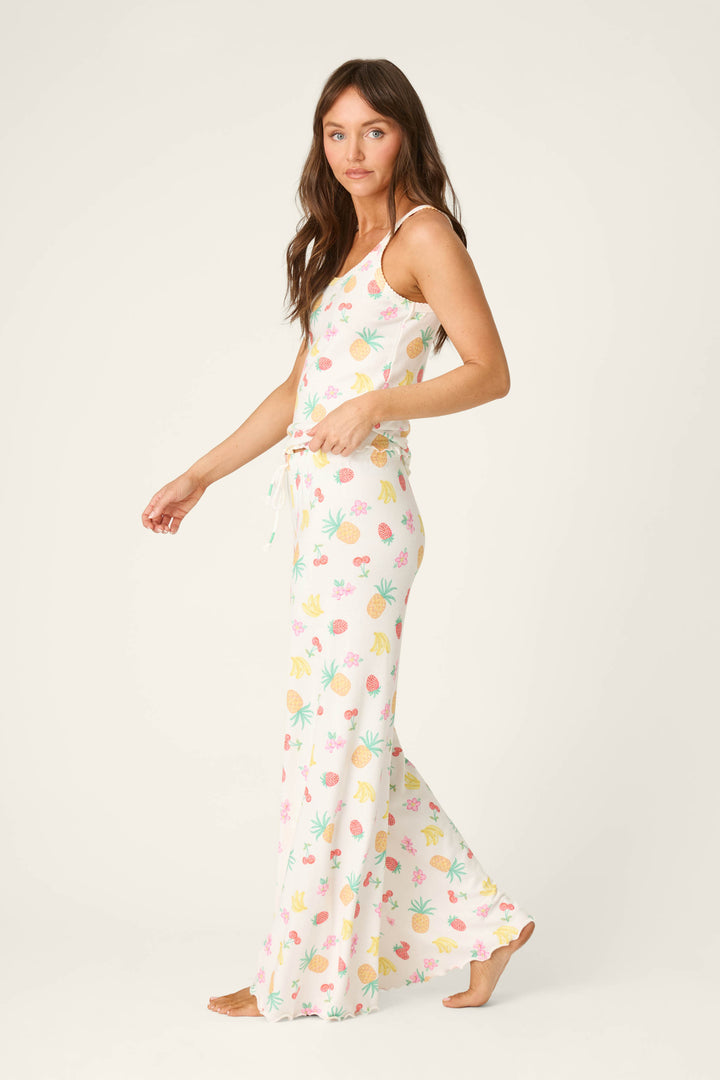 White fabric featuring a colorful fruit print pattern and smooth texture, accented by a drawstring detail.