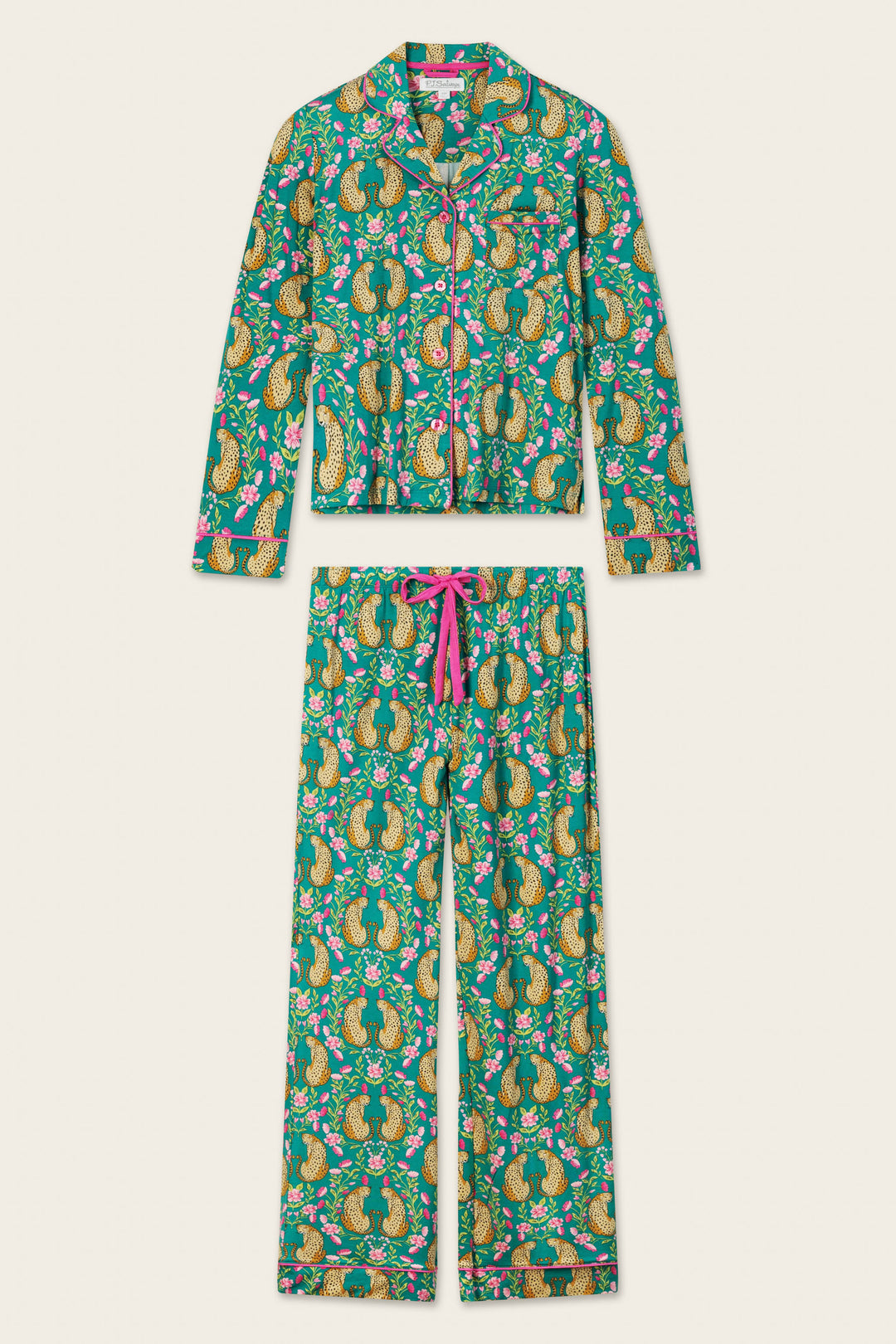 P.J. Salvage Cheetah Bonita Dreams Cheetah Print Long Sleeve PJ Set, featuring long sleeves and matching pants with an allover cheetah print; pink drawstring accent on the pants. Laid flat on a plain background.