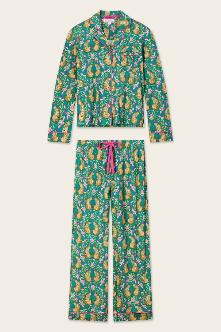 P.J. Salvage Cheetah Bonita Dreams Cheetah Print Long Sleeve PJ Set, featuring long sleeves and matching pants with an allover cheetah print; pink drawstring accent on the pants. Laid flat on a plain background.