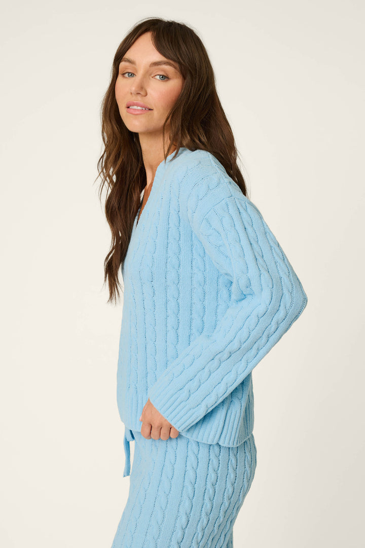 A person with long brown hair is standing sideways, looking slightly toward the camera against a light background, wearing the P.J. Salvage Cozy Chenille Cable Knit Cloud Blue V-Neck Sweater.