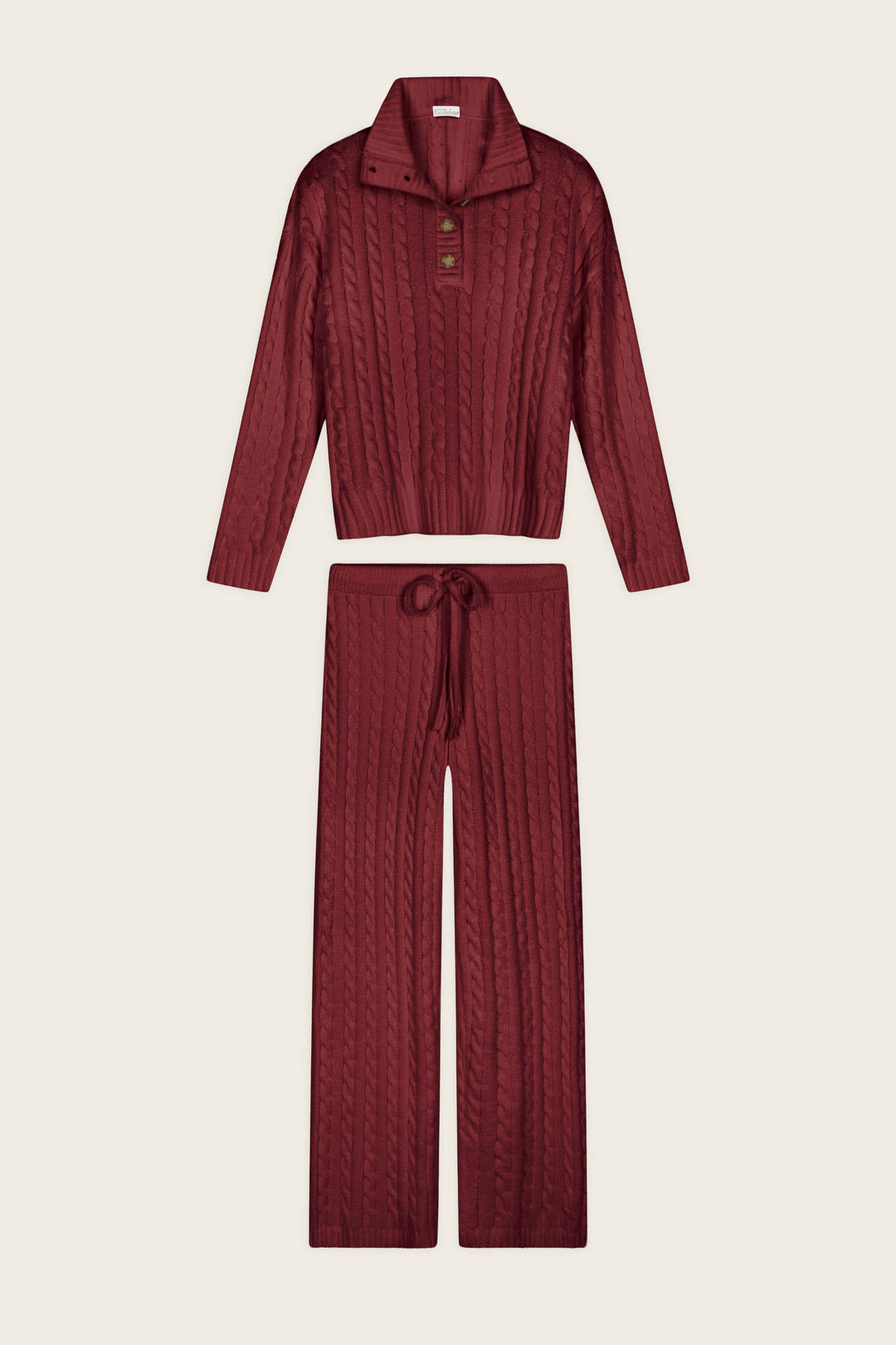 The Cozy Chenille Cable Knit Dark Wine Pullover Lounge Set by P.J. Salvage features a matching cable knit design, including a long-sleeve pullover top with button-up collar and wide-leg drawstring pants.