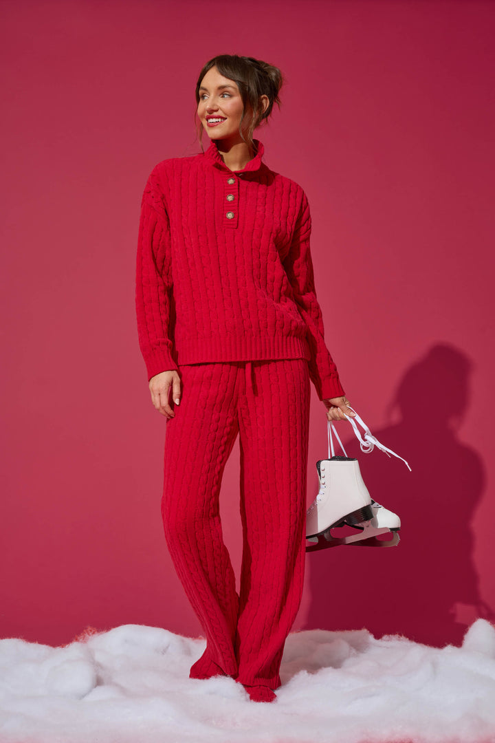 Cozy Chenille Cable Knit Red Lounge Set