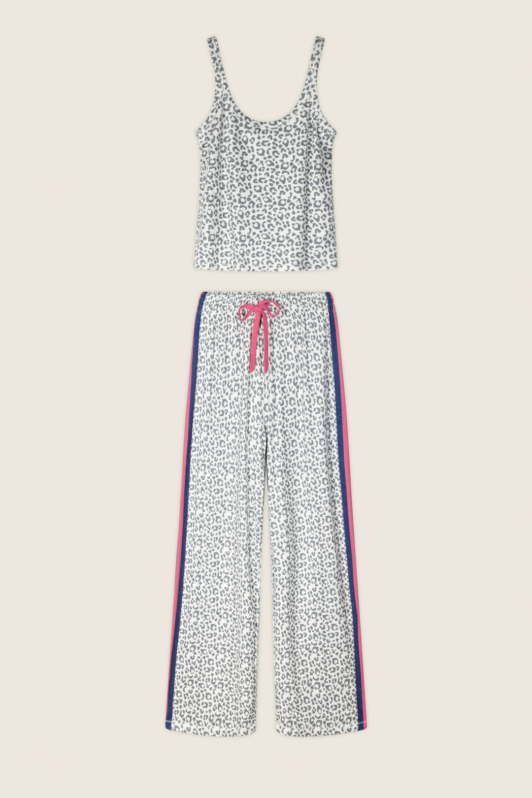 The Cat’s Meow Big Stretch Long PJ Set by P.J. Salvage features a white and gray leopard print, a sleeveless scoop-neck top, and wide-leg pants with pink and blue side stripes and a pink drawstring waist.