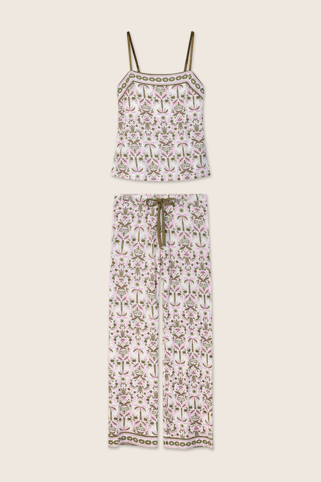 The Déjà Vu Dreams Tiki Time Long PJ Set by P.J. Salvage features a sleeveless, spaghetti-strap top and wide-leg pants with a pink, green, and brown floral print on white, plus a brown drawstring waist.