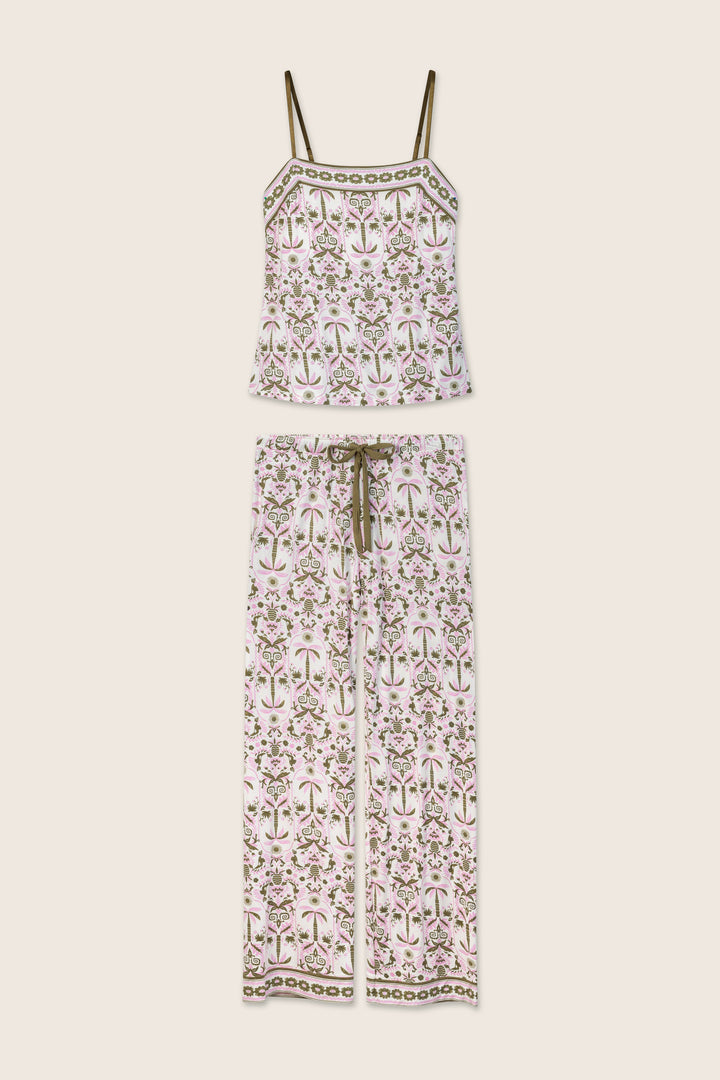 The Déjà Vu Dreams Tiki Time Long PJ Set by P.J. Salvage features a sleeveless, spaghetti-strap top and wide-leg pants with a pink, green, and brown floral print on white, plus a brown drawstring waist.
