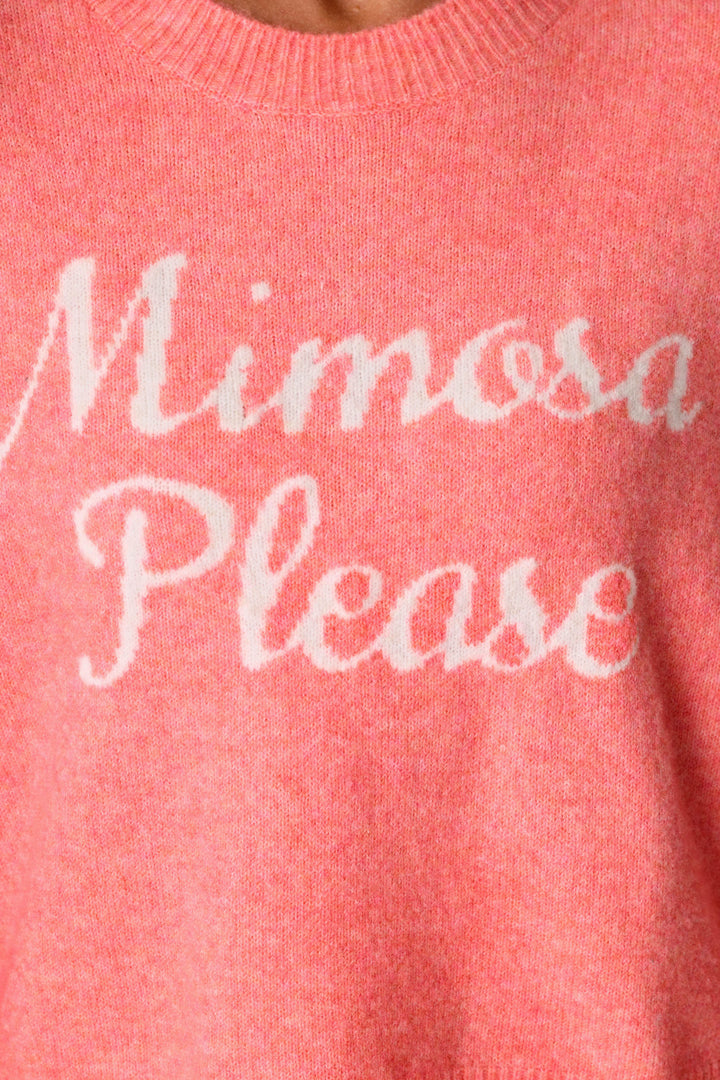 A close-up of the P.J. Salvage Mimosa Please Snuggle Sweater in pink, featuring “Mimosa Please” written in white cursive across the front.