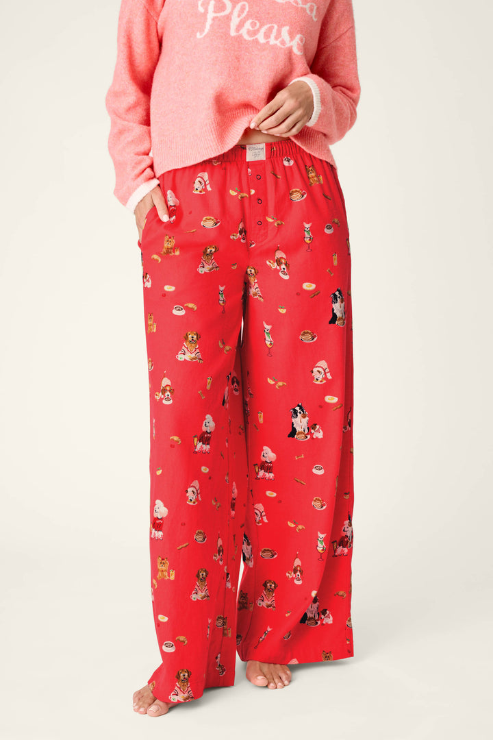 A person wearing a pink sweater with “Please” text and P.J. Salvage Dogs Who Brunch Flannel Pajama Pants featuring playful dog illustrations, standing barefoot against a plain backdrop.
