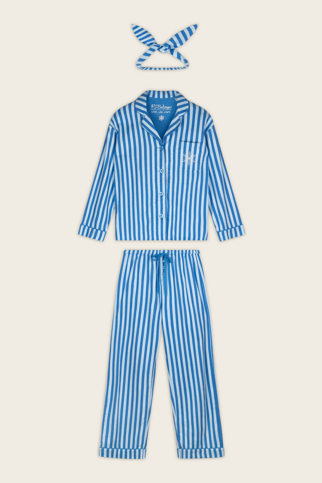 The P.J. Salvage Snowflake Icon 3-Piece Long Sleeve Flannel PJ Set, featuring blue and white vertical stripes with long sleeves, long pants, and a matching headband, is displayed laid out flat on a light background.