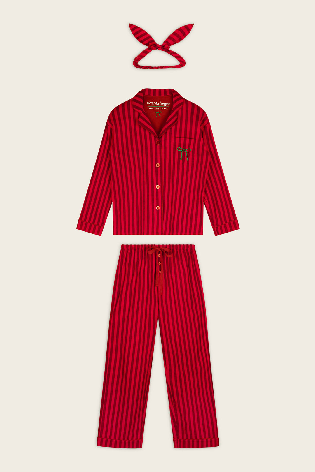 Bow Icon 3-Piece Long Sleeve Flannel PJ Set by P.J. Salvage, featuring a red and black striped design with long sleeves, pants, and a matching headband, displayed flat on a light background. The pajama top is adorned with an embroidered letter R on the chest.