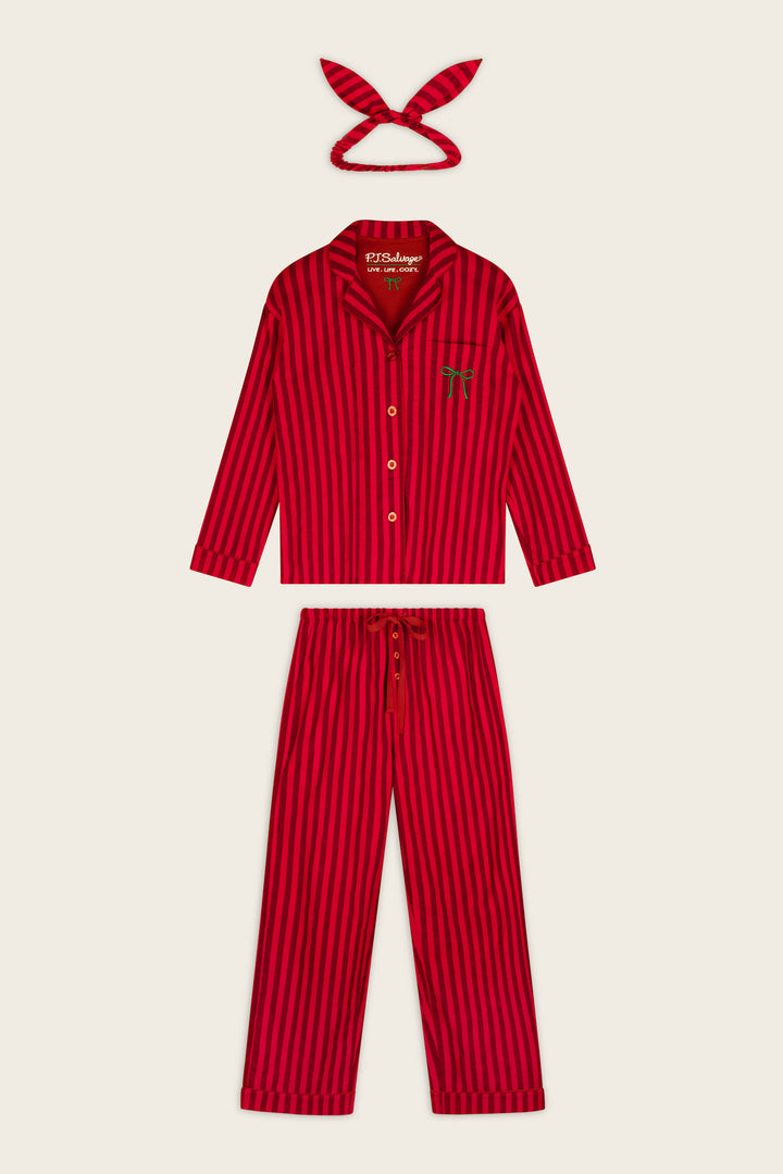 Bow Icon 3-Piece Long Sleeve Flannel PJ Set by P.J. Salvage, featuring a red and black striped design with long sleeves, pants, and a matching headband, displayed flat on a light background. The pajama top is adorned with an embroidered letter R on the chest.