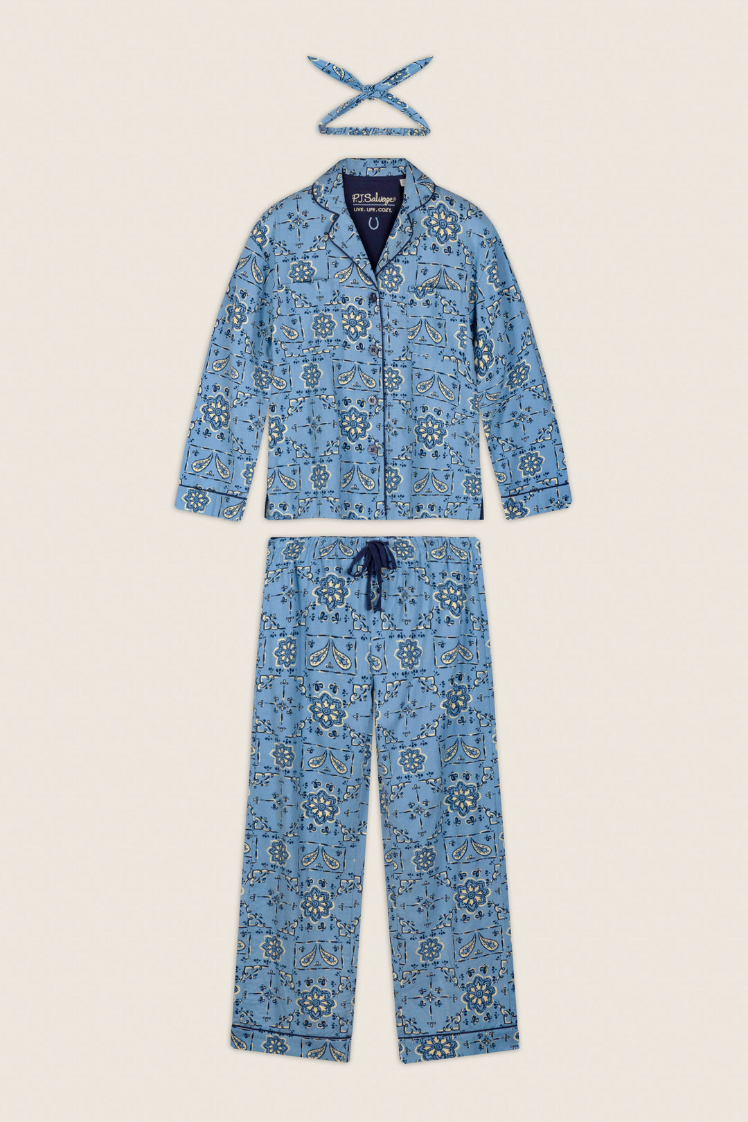 The Classic Paisley Bandana Print 3-Piece Long Sleeve Flannel PJ Set by P.J. Salvage is shown in blue with a matching bandana, featuring a dark blue paisley and floral pattern, displayed flat on a light background.