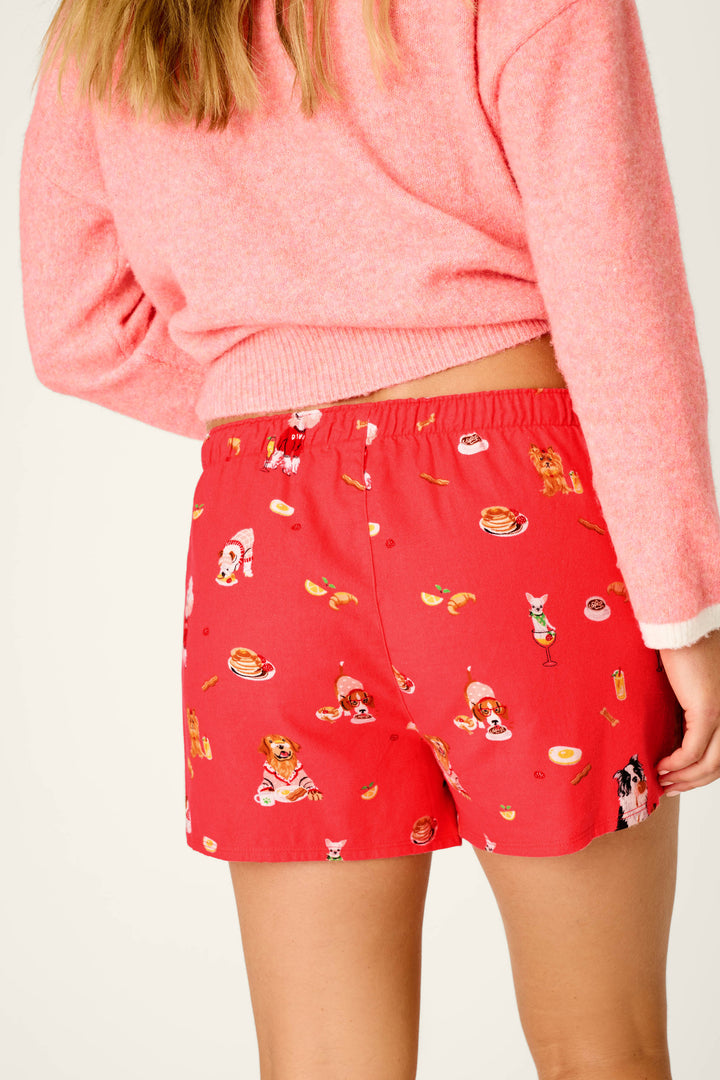A person wearing a pink fuzzy sweater and P.J. Salvage Dogs Who Brunch Flannel Shorts stands facing away from the camera.
