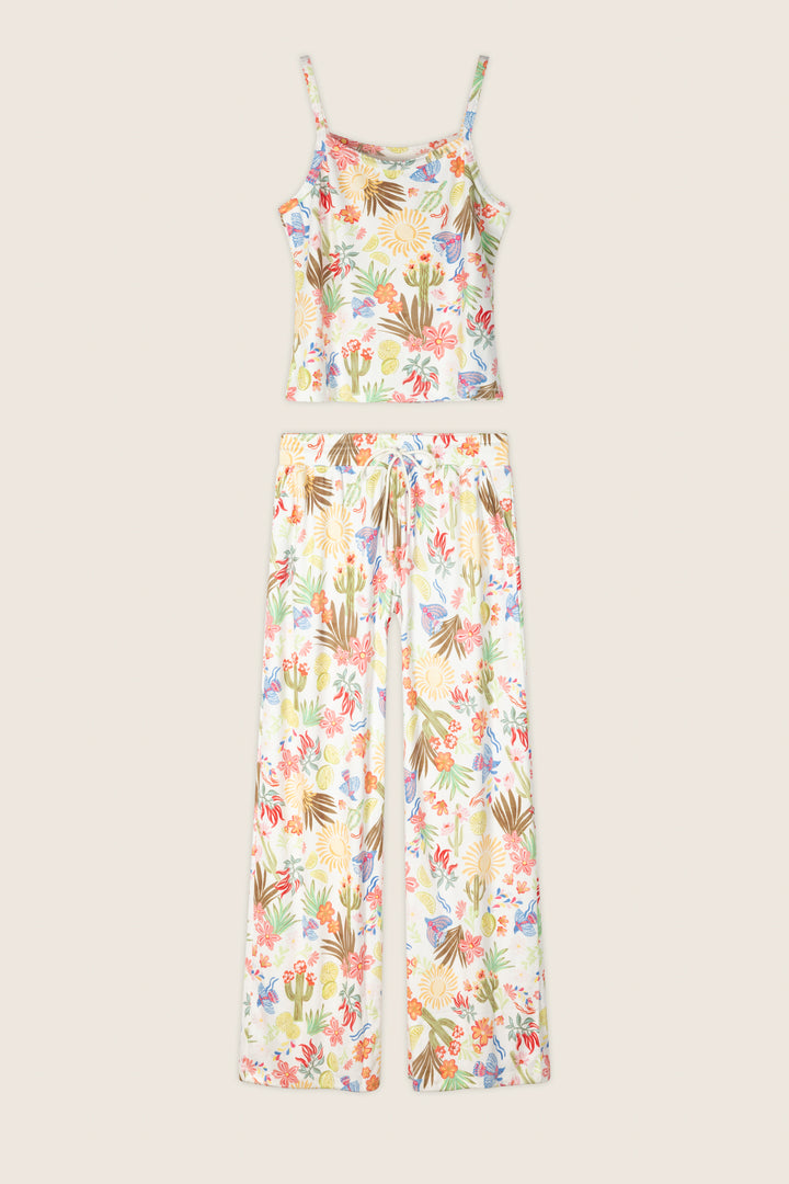 The Feelin' Prickly Desert Dreams Long PJ Set by P.J. Salvage features a sleeveless tank and wide-leg pants with a vibrant floral and leaf print on soft brushed pointelle fabric for extra comfort.