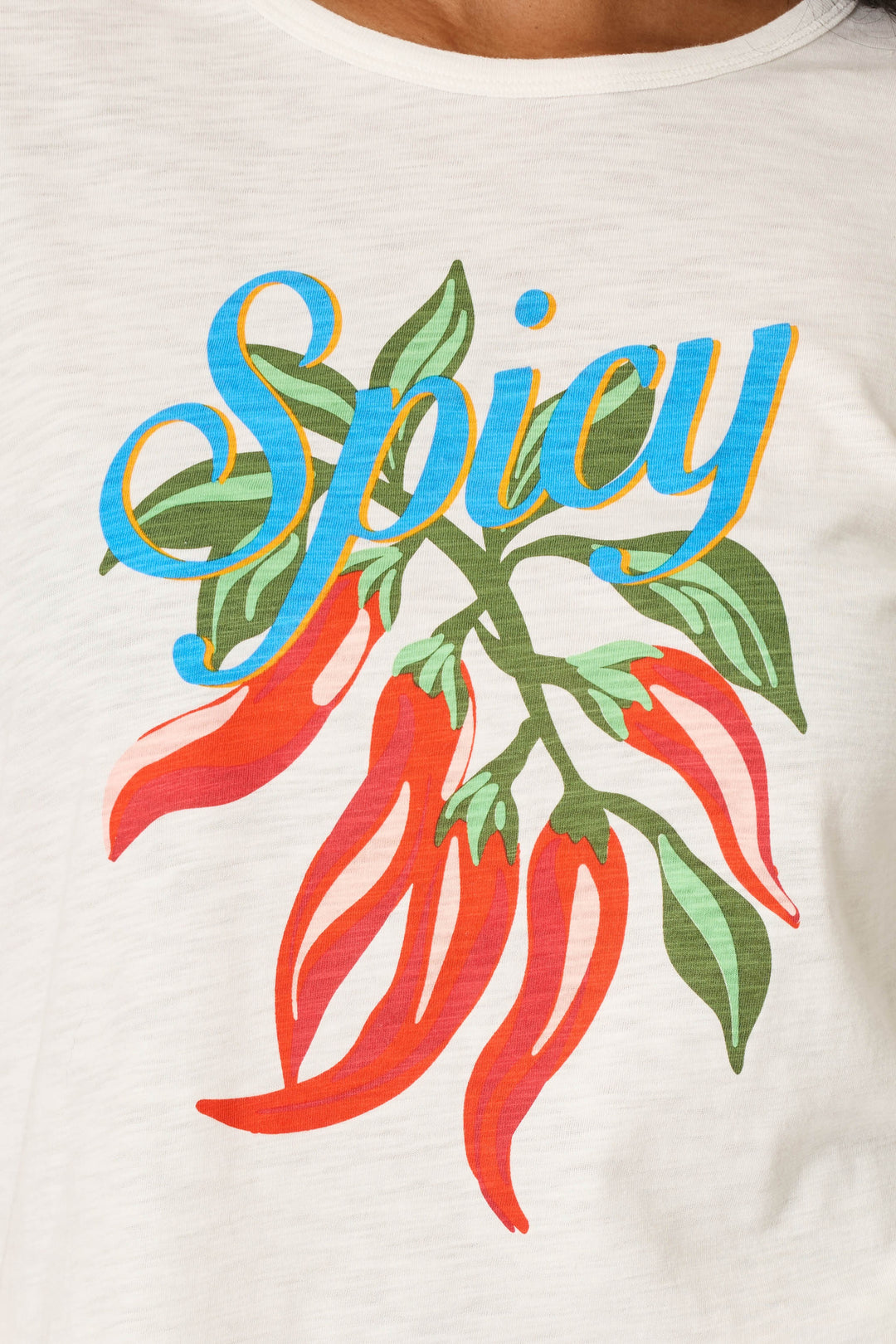 The P.J. Salvage Feelin’ Prickly Spicy Chili Graphic T-Shirt is a slub jersey sleep tee featuring vibrant red chilies, green leaves, and "Spicy" in bold blue and yellow letters above the design.