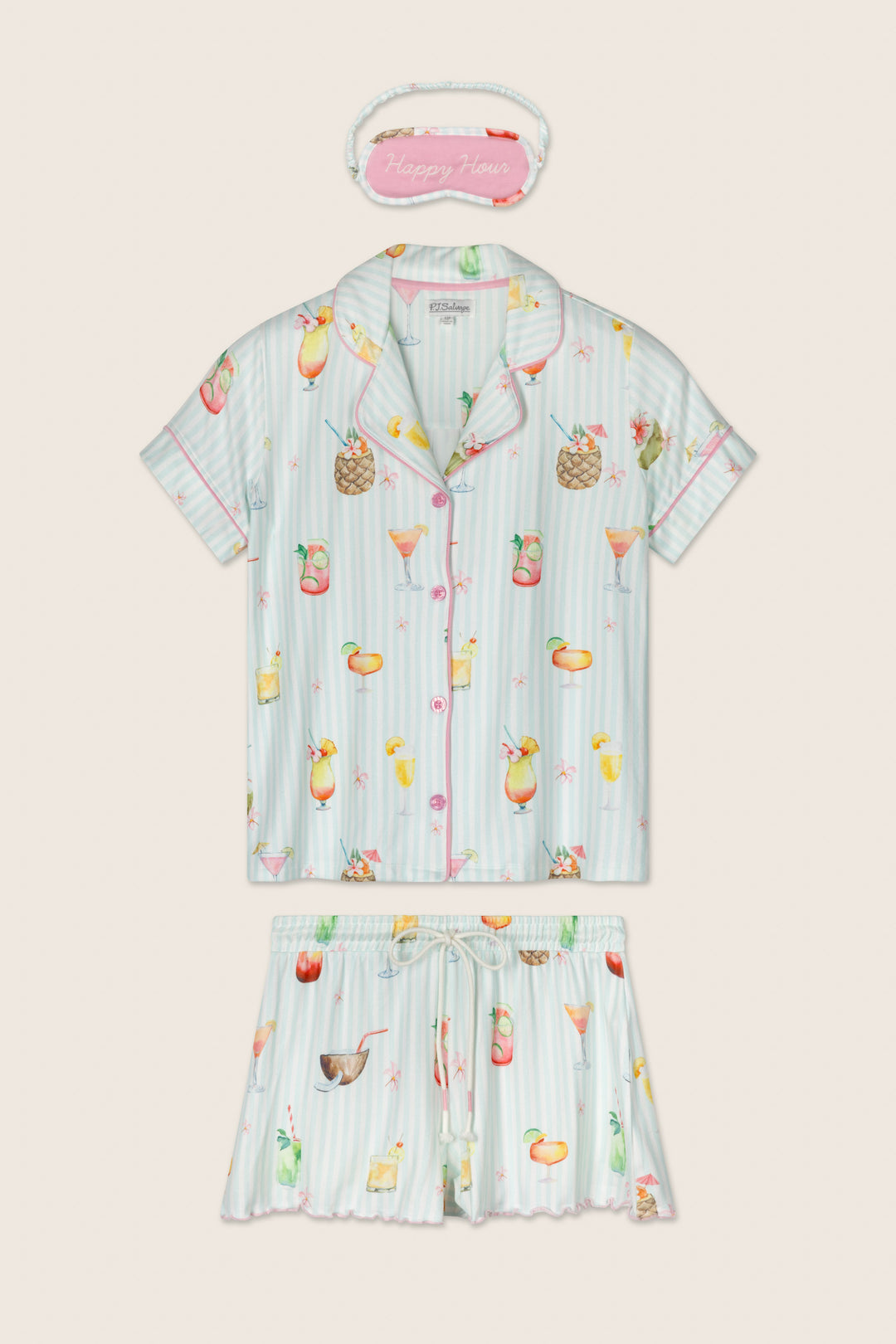 The P.J. Salvage It's Five O'clock Somewhere Cocktail Print 3-Piece PJ Set features a short-sleeve button-up top, shorts with tropical cocktail and fruit prints, plus a pink “Happy Hour” eye mask.