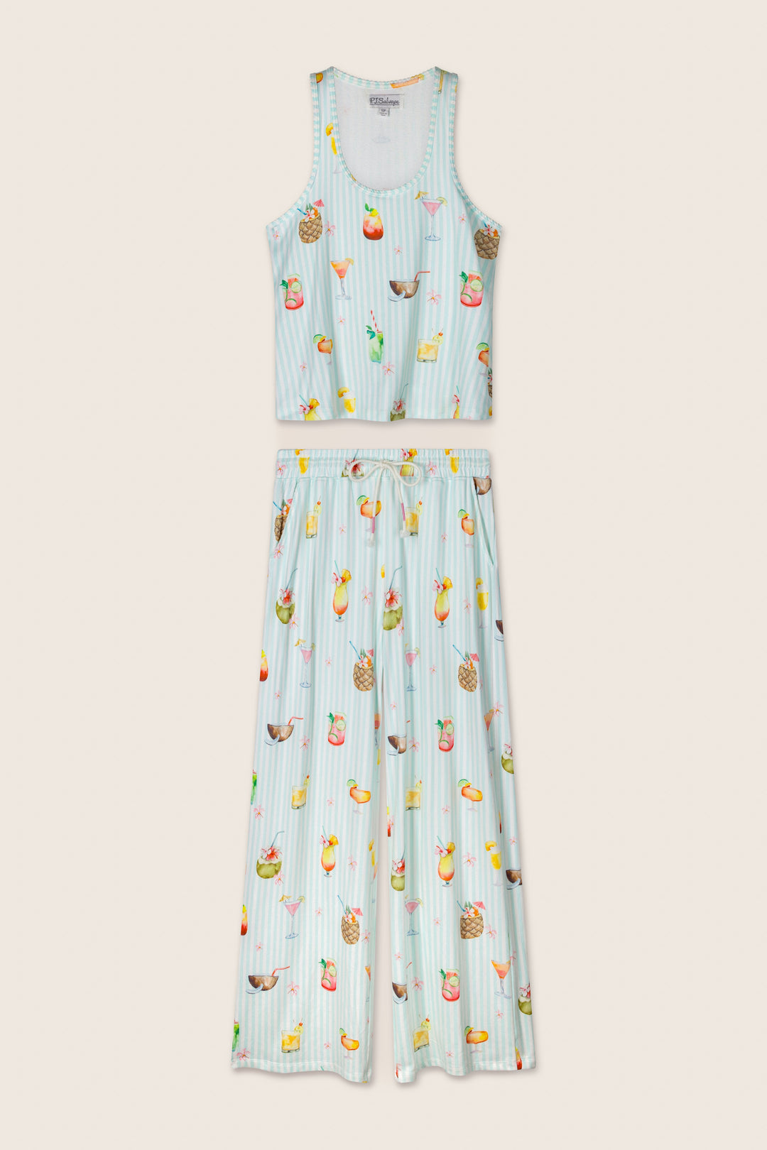 The P.J. Salvage "It's Five O'clock Somewhere" Cocktail Print Long PJ Set features a sleeveless, cropped tank top and wide-leg pants with thin blue and white stripes and a vibrant fruit and drink motif, displayed flat on a neutral background.