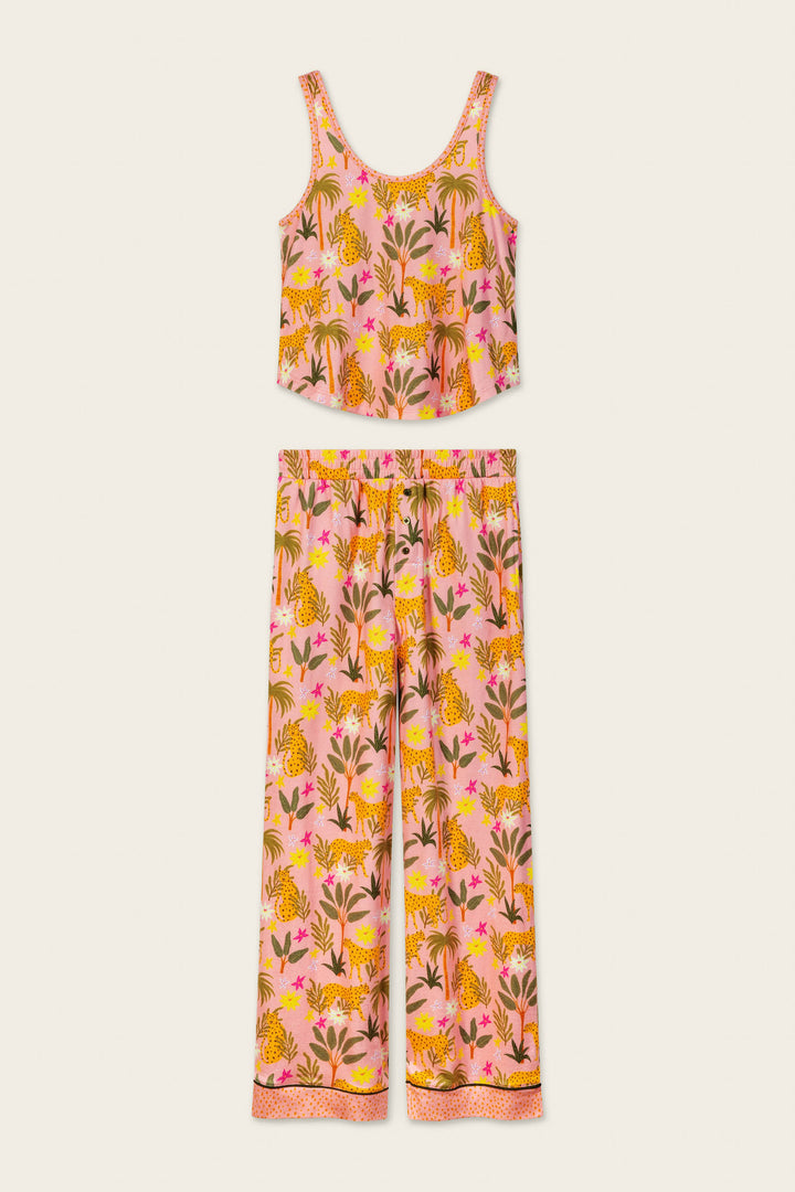 The P.J. Salvage In the Jungle Leopard Safari Long PJ Set features a sleeveless, cropped tank top and matching wide-leg pants with vibrant pink, orange, and yellow floral-tiger print—ideal for fans of soft jersey sleepwear.