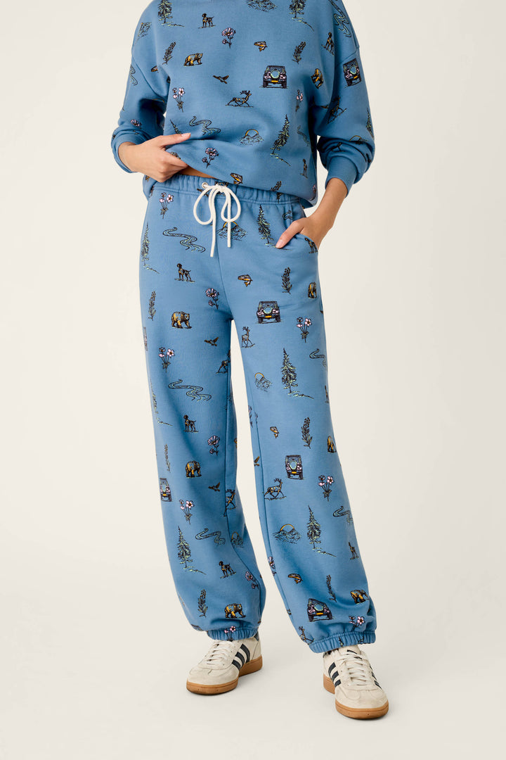 A person is wearing the P.J. Salvage “Nature Is My Therapy” Nature Print Good Hang Joggers, a blue matching sweatshirt and sweatpants set featuring small, colorful cartoon prints. The outfit includes white drawstrings, and the individual pairs it with white sneakers that have black stripes. The background is plain and light-colored.