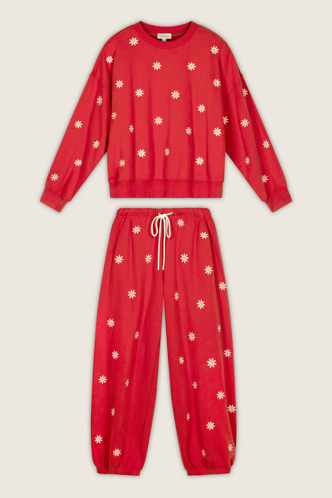 A red “Nature Is My Therapy Embroidered Flowers Frankie Sweatshirt” by P.J. Salvage, featuring white daisy flower embroidery all over, is displayed on a plain background.