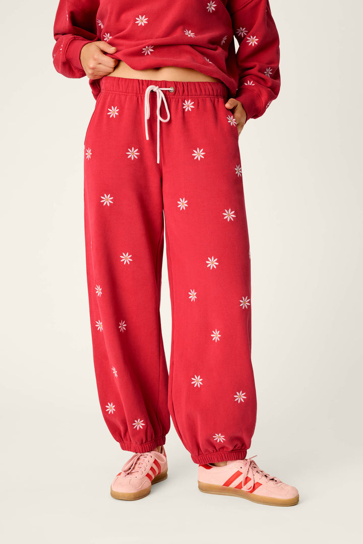 A person is wearing the P.J. Salvage Nature Is My Therapy Embroidered Flowers Good Hang Joggers, paired with a matching red sweatshirt and pink sneakers with red stripes. Their hands are in their pockets, set against a plain, light-colored background.
